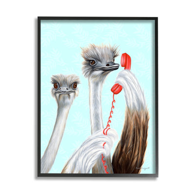 Oiseaux d'autruche détaillés parlant avec cordon rouge, giclée, ensemble d'art texturé par Amelie Legault