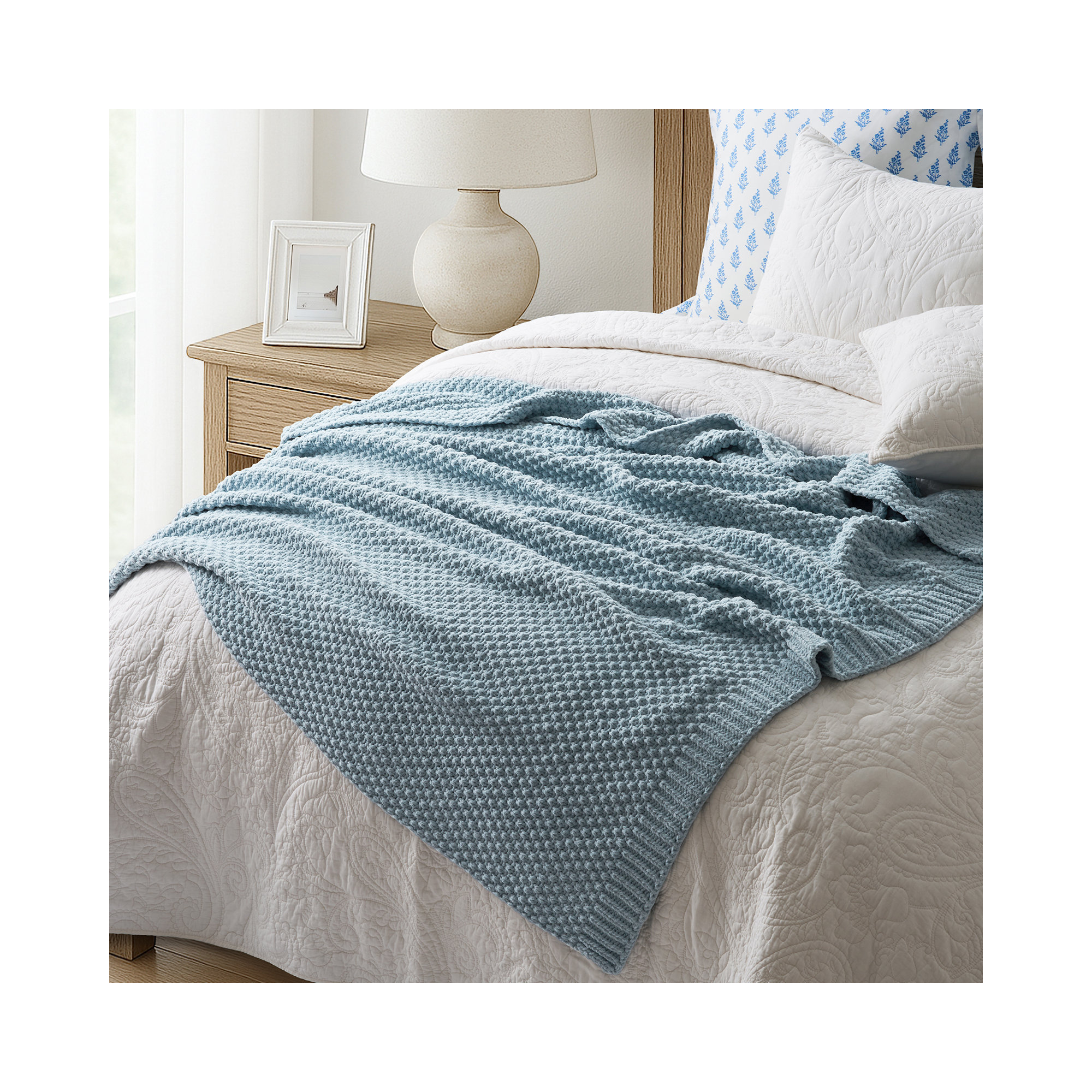 Chunky Chenille Knit Throw Blanket, Chambray Blue, 80" L x 60" W