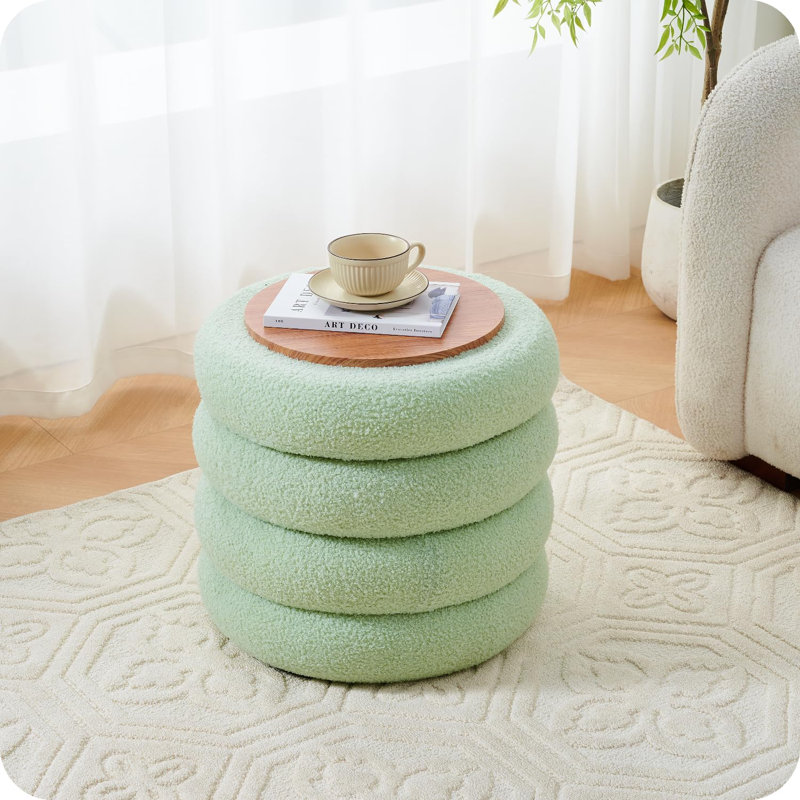 Round Storage Ottoman, Modern Footstool, Vanity Stool with Flip-Top Tray, Green