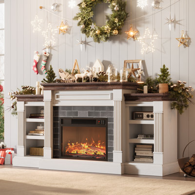 TV Stand with Electric Fireplace, White & Brown Entertainment Center with Storage Shelves, 3D Flame Heater, Modern Media Console for Living Room and Home Office