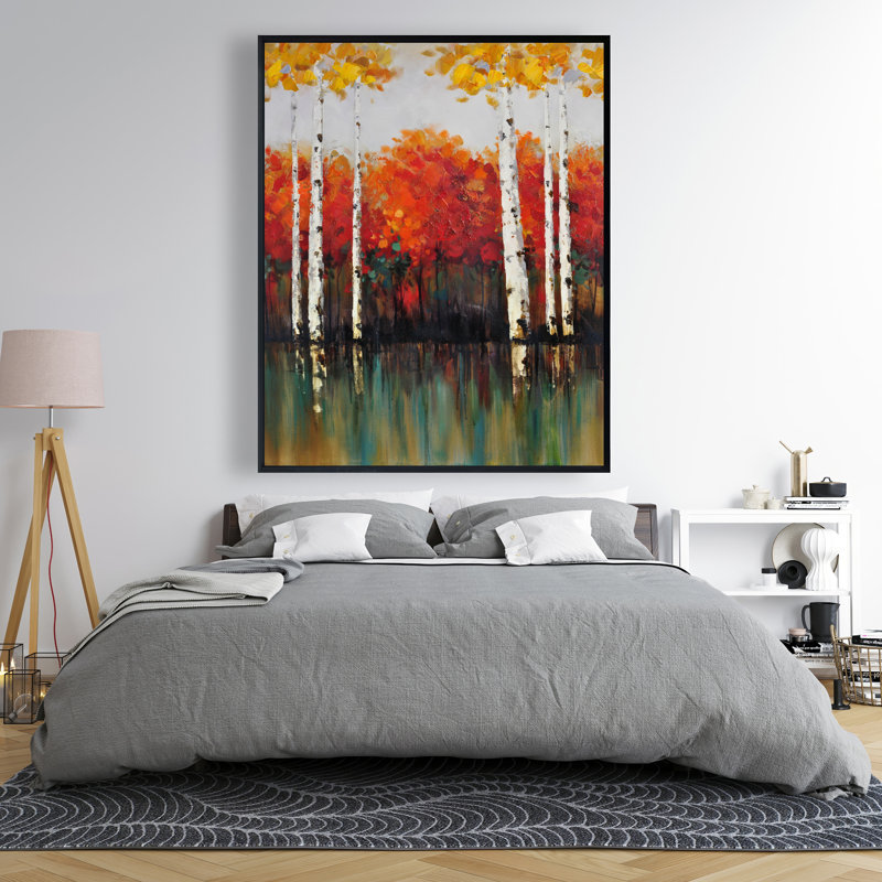Birches by Fall - Contemporary Bedroom Framed Canvas Decor