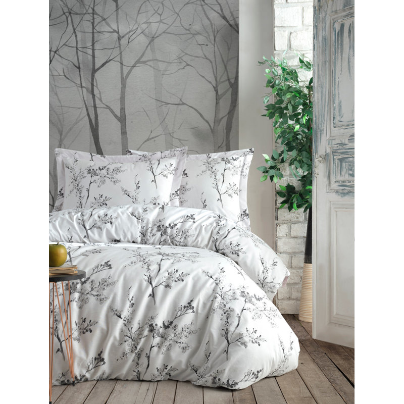 Ensemble de housse de couette 100% coton double Ranforce, blanc et vert | Housse de couette et taies d'oreiller | Lavable à la machine à 104 ° F, 145 fils, fermeture à boutons pour couette et fermeture à enveloppe pour taies d'oreiller | Literie douc