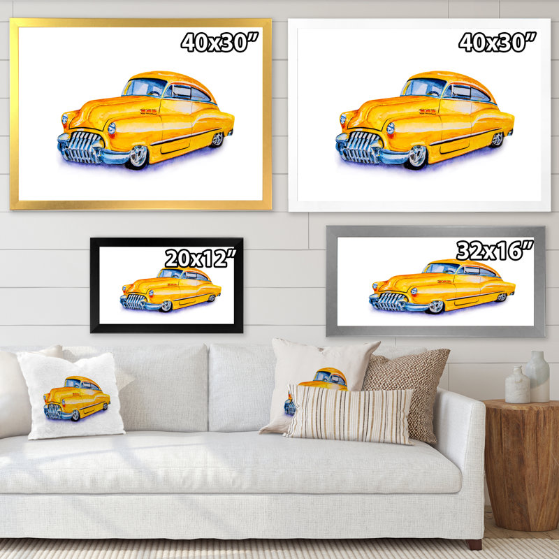 Voiture rétro jaune - peinture sur toile, Cadre argenté, H 35,5 po x l 45,5 po