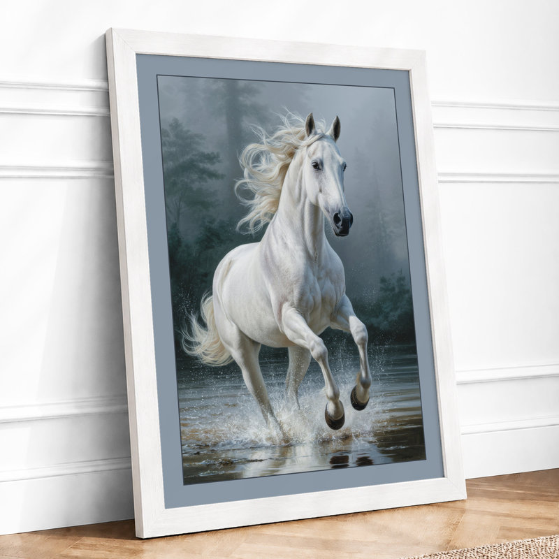 White Horse in Mist Modern 1 Piece Single Picture Frame Wall Art, A1 - 84.1 x 59.4 cm, White