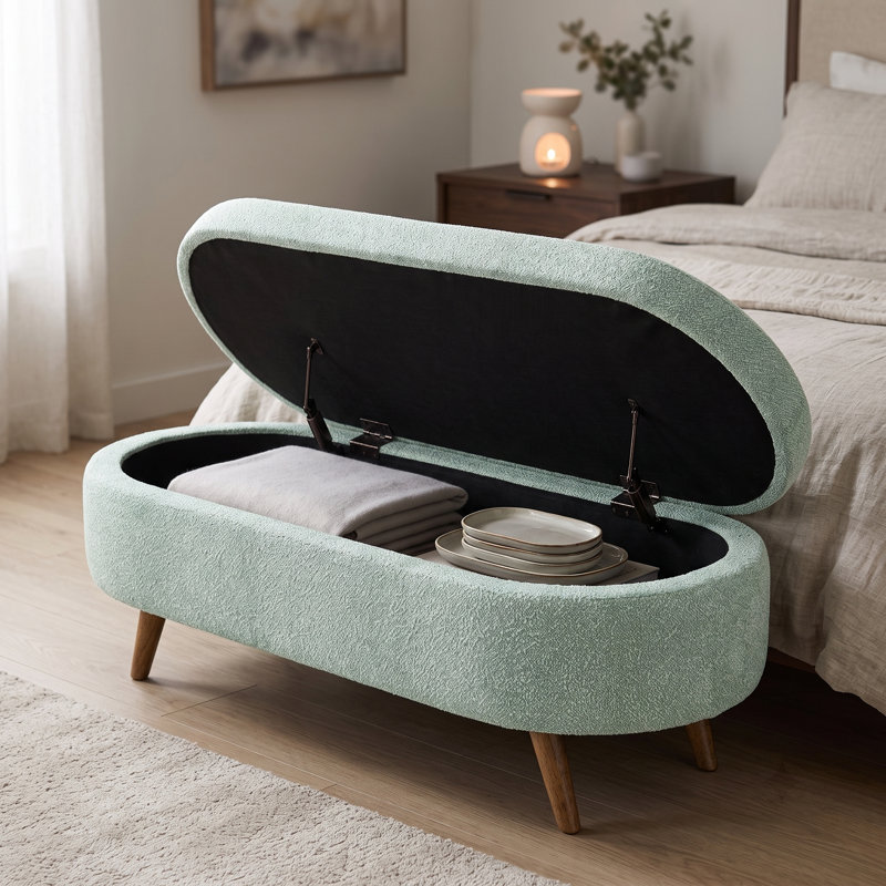 Repose-pieds ovale avec rangement en tissu plissé, pieds en bois d'hévéa massif et intérieur spacieux - Repose-pieds polyvalent, sièges supplémentaires et pièce décorative