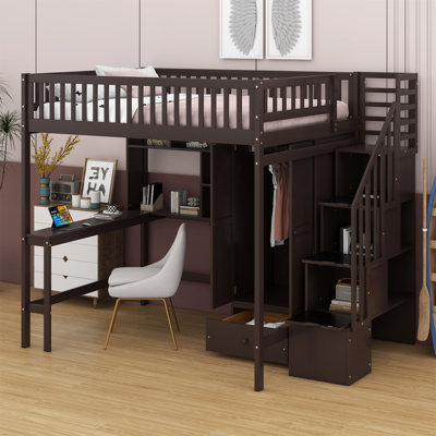 Loft Bed With Bookshelf,Drawers,Desk,And Wardrobe