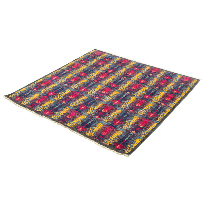 Tapis carré gris foncé / rose en laine noué à la main de style nouvel âge Lahore Finest 6 pi One-of-a-Kind Deett