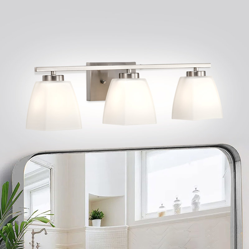 22 In. 3-light Modern Vanity Light With Square Etched White Glass Shades, Nickel