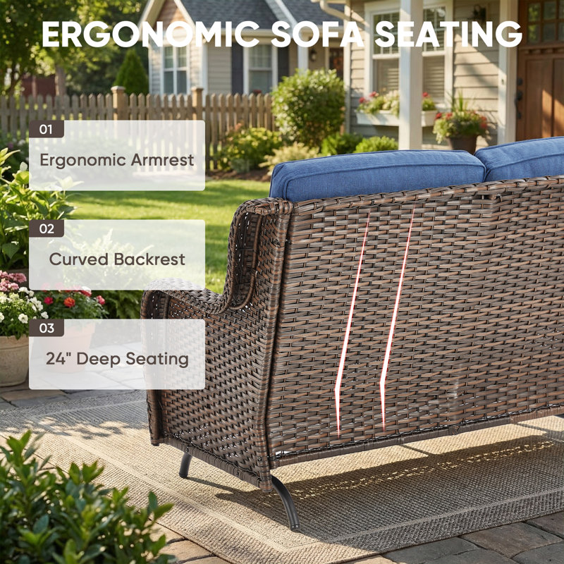 Patio Loveseat Sofa, Outdoor Wicker Loveseat with Luxury Thick Cushion, All-Weather Patio Furniture Set, Blue, Brown