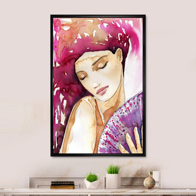 Délicat portrait rétro d'une jeune femme avec éventail - œuvre d'art sur toile glam