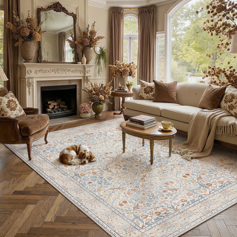 Alora Machine Washable Floral Area Rug With Non-Slip Backing, Rectangle 9' x 12', Beige, 0.35"