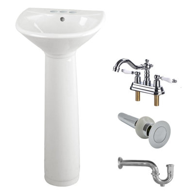 Lavabo de salle de bain à piédestal en porcelaine vitrifiée 16,25 "avec trop-plein, robinet central 4", bonde et siphon