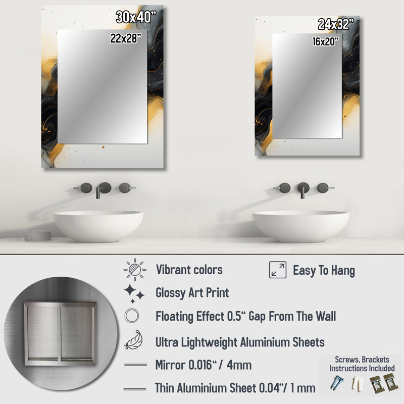 Or et marbre noir Essence IV - miroir mural unique en marbre, miroir moderne, impression d'art en métal, 32 po x 24 po