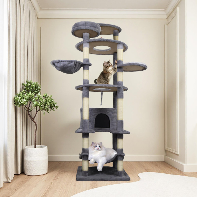 Tour pour arbre à chat 78 po gris foncé avec grand poteau à griffer en sisal et plateforme supérieure, Gris foncé