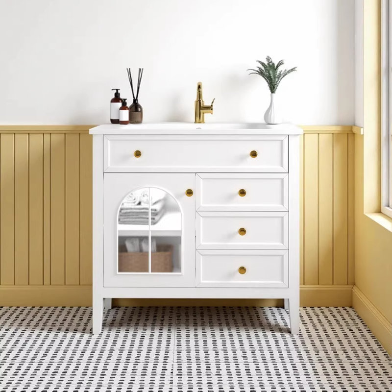 Meuble-lavabo haut de gamme blanc avec rangement 35,6 po Mid-Century, White