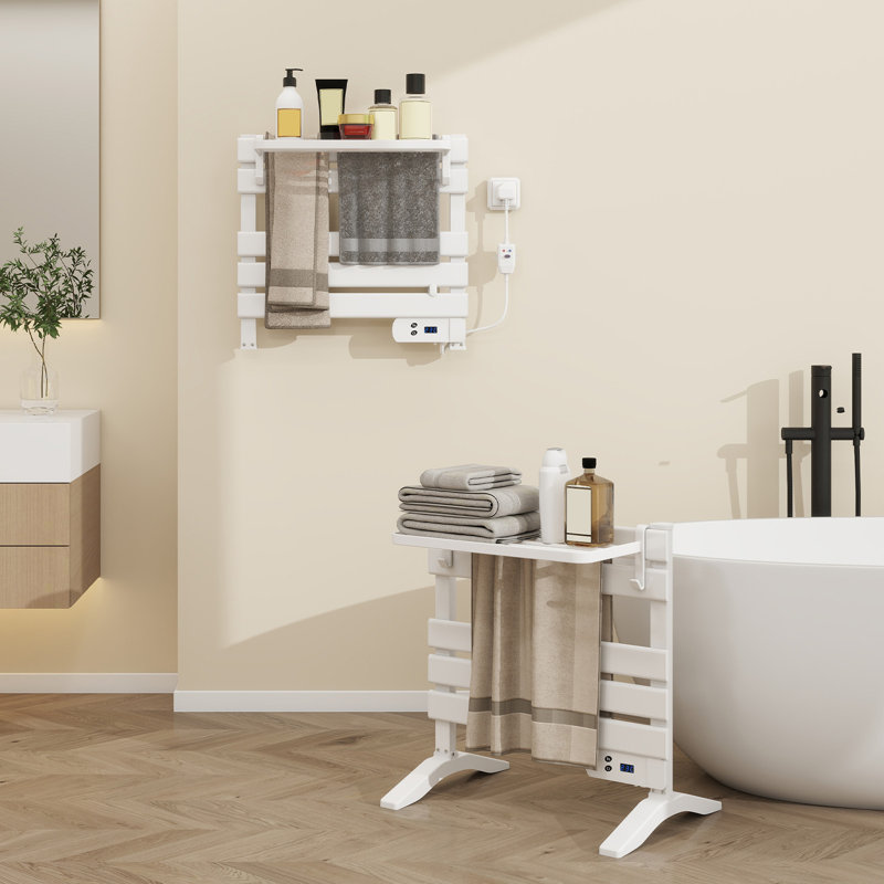 Electric Heated Towel Rail with Timer, Bathroom Warmer Ladder Radiator with Adjustable Storage Shelf