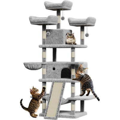 68.5'' Large Cat Tree, Heavy Duty Cat Tower With Condo, Plush Perches, Sisal Scratching Posts, Hammocks, Basket, Dangling Ball