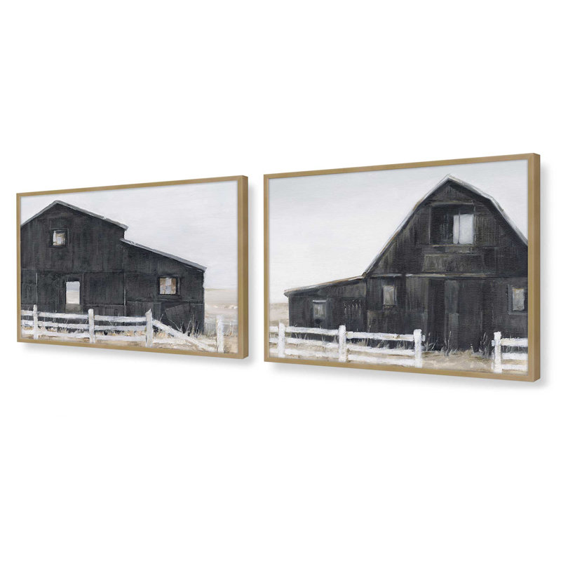 Weathered Barns, ensemble de 2 impressions dans un cadre, Cadre doré brossé, H 9,5 po x l 21,5 po x P 1,25 po