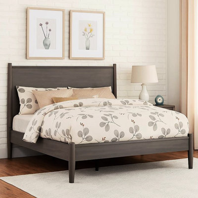 Lit plateforme gris Mid-Century moderne en bois pleine grandeur, pieds ronds fuselés, assemblage à lattes, sans sommier pour lit de chambre à coucher avec ensemble et construction robuste, nécessaire
