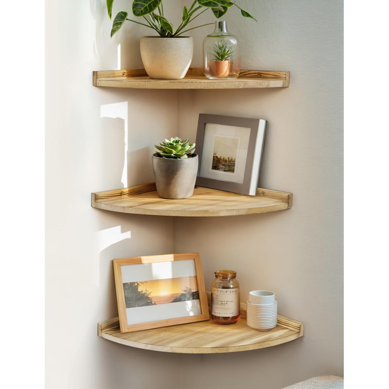 Corner Floating Shelf, Natural Wood, 3" H x 25" W x 25" D