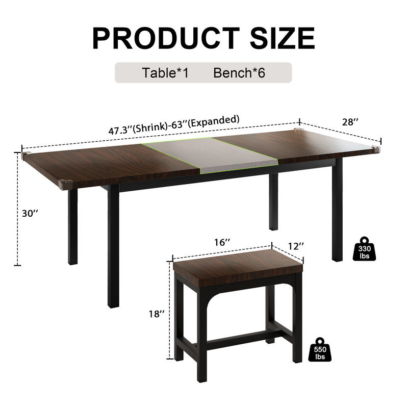 Dining Table Set, 7-piece Extendable Table From 63" Large Extendable Kitchen Table Set For 4-8 People, Mid-century Dining Room Table With 6 Square Stools