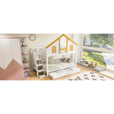Full Size Wooden House Roof Bunk Bed with Window Door and Roof,Storage Staircase and Trundle,White+Natural