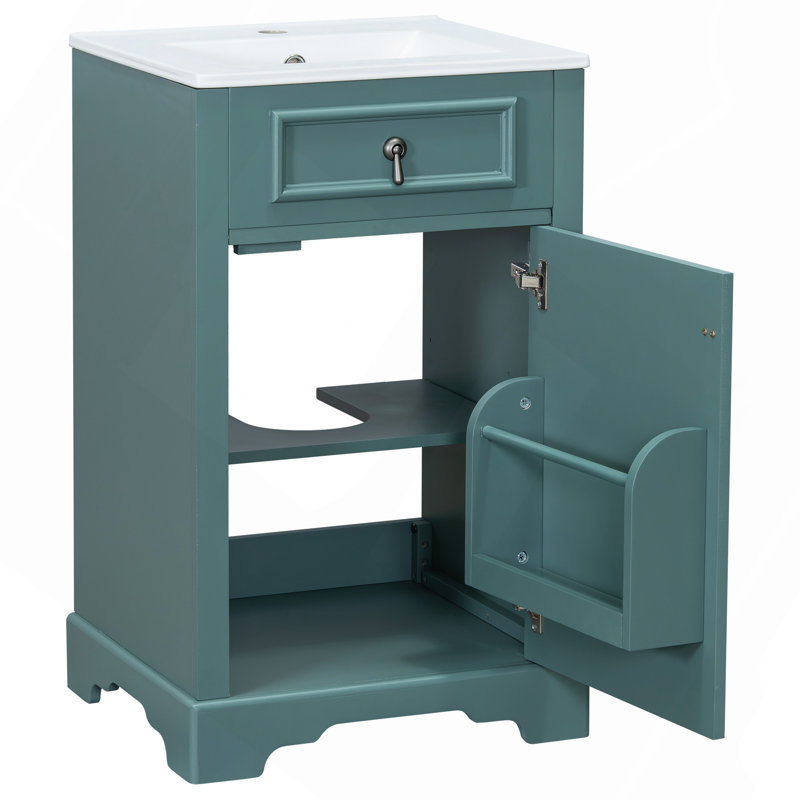 Meuble-lavabo de 20 pouces avec lavabo en céramique, porte à fermeture douce, tablette réglable et support de rangement fixé à la porte - idéal pour les petites salles de bain