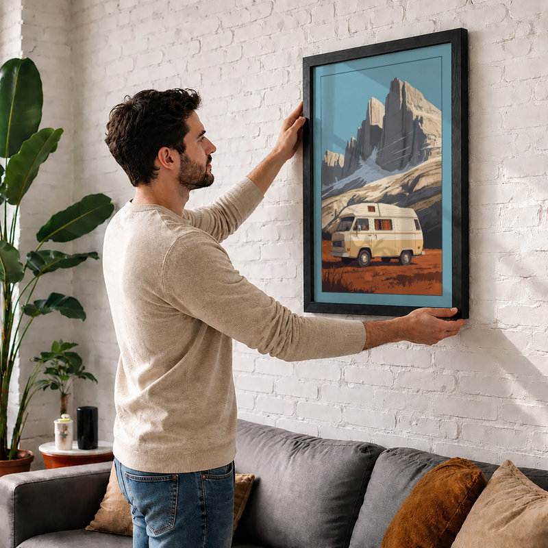 Camper In The Mountains Minimalist - Print, Walnut, A1 - 84.1 x 59.4 cm