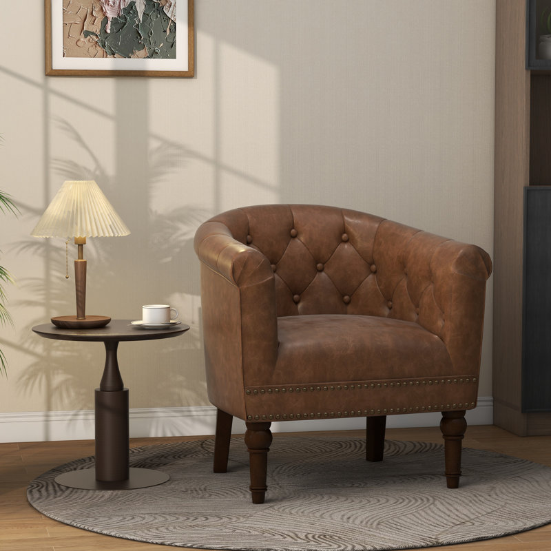 Edvardas 61.9 Cm Wide Tufted Barrel Chair, Brown Faux Leather