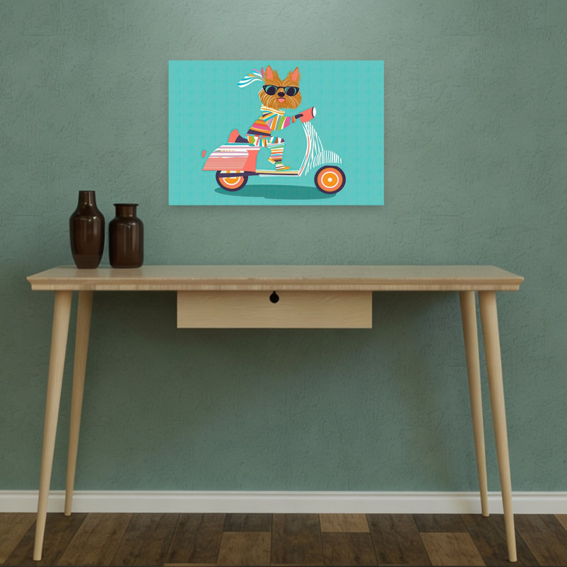 Whimsical Dog Scooter Colorful Playful Vibrant Dog Summer Wall Art Print by Mathieu - Wrapped Canvas Print