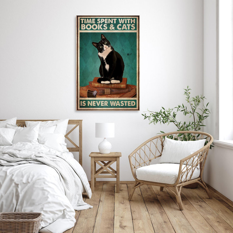 «Vintage Black Cat Time Spent with Livres and Cats is Never W gaste», impression sur toile tendue