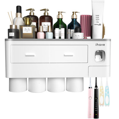 Porte-brosses à dents pour salle de bain, porte-brosses à dents 4 tasses fixé au mur avec distributeur de dentifrice