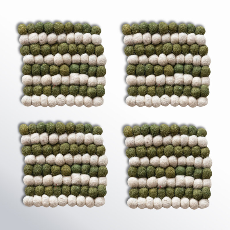 Handmade Wool Felt Ball Coasters, Cream/Green