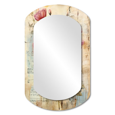 Pink Rose Vintage Musical Collage - Roses Cylinder Decorative Mirror, Modern Asymmetrical Large Wall Mirror, Printed Metal Art
