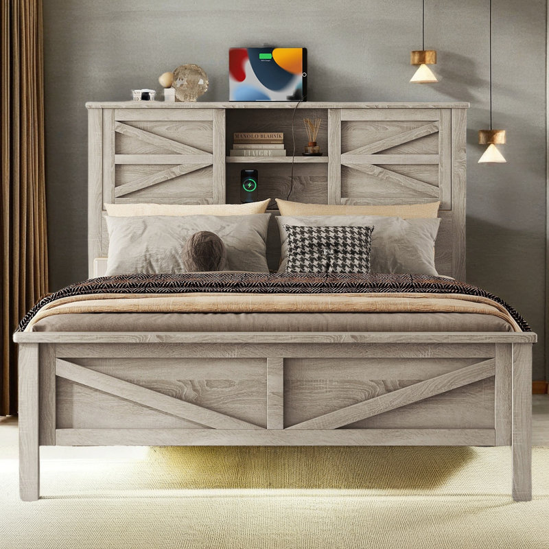 Lit plateforme Farmhouse avec porte de grange coulissante double, Double, Gris antique