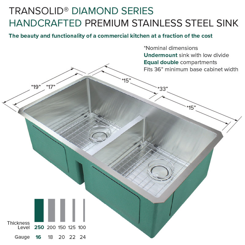 Évier de cuisine encastré à double cuve avec crépine Diamond L 33 po x l 19 po Diamond