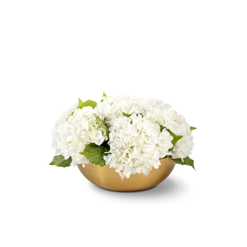 Ian Realtouch Hydrangea Arrangement in Large Gold Bowl, White