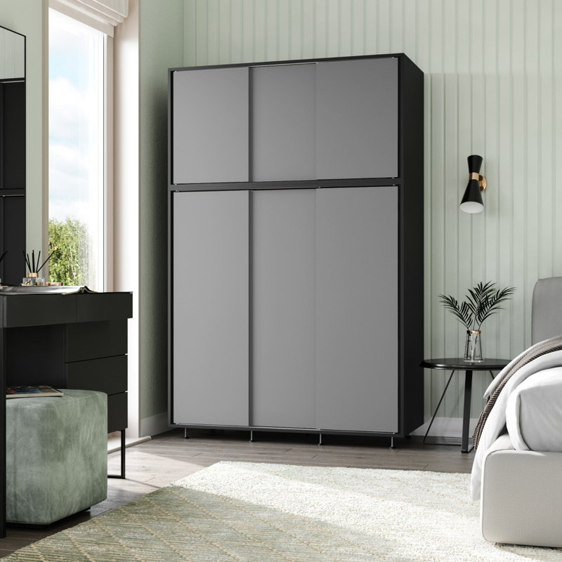 2 Sliding Doors Wardrobe 2 Drawer Bedroom Clothes Hanging Rail Grey Carcass with Black Doors Storage Cupboard, Black/Gray