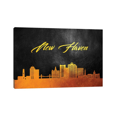 New Haven Connecticut Gold Skyline by Adrian Baldovino - Wrapped Canvas Painting