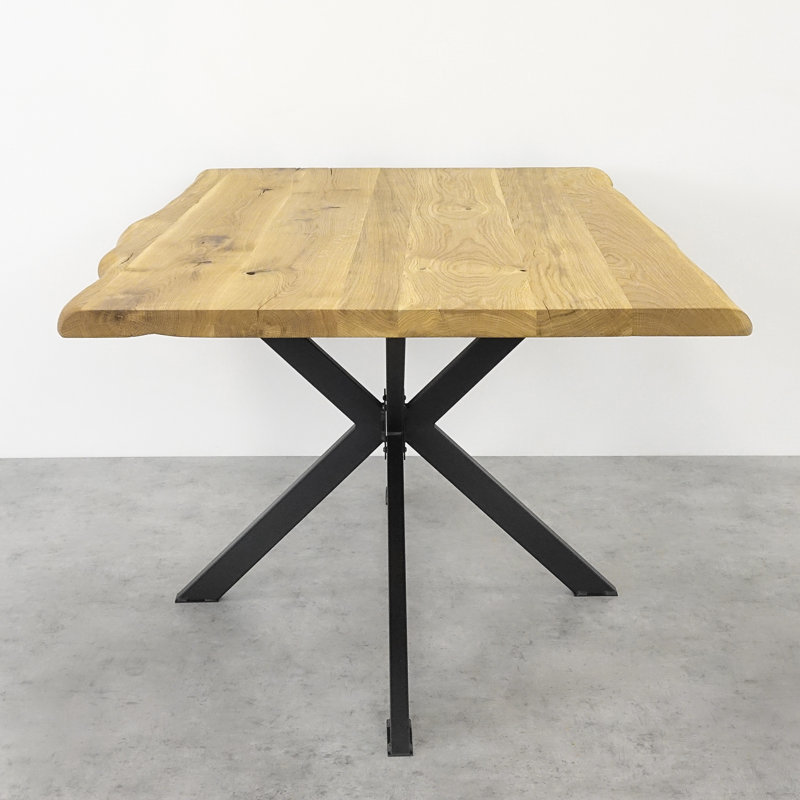 Berrysburg Oak Solid Wood Top Metal Base Dining Table, 75H x 140L x 90cmW, Oak Wood