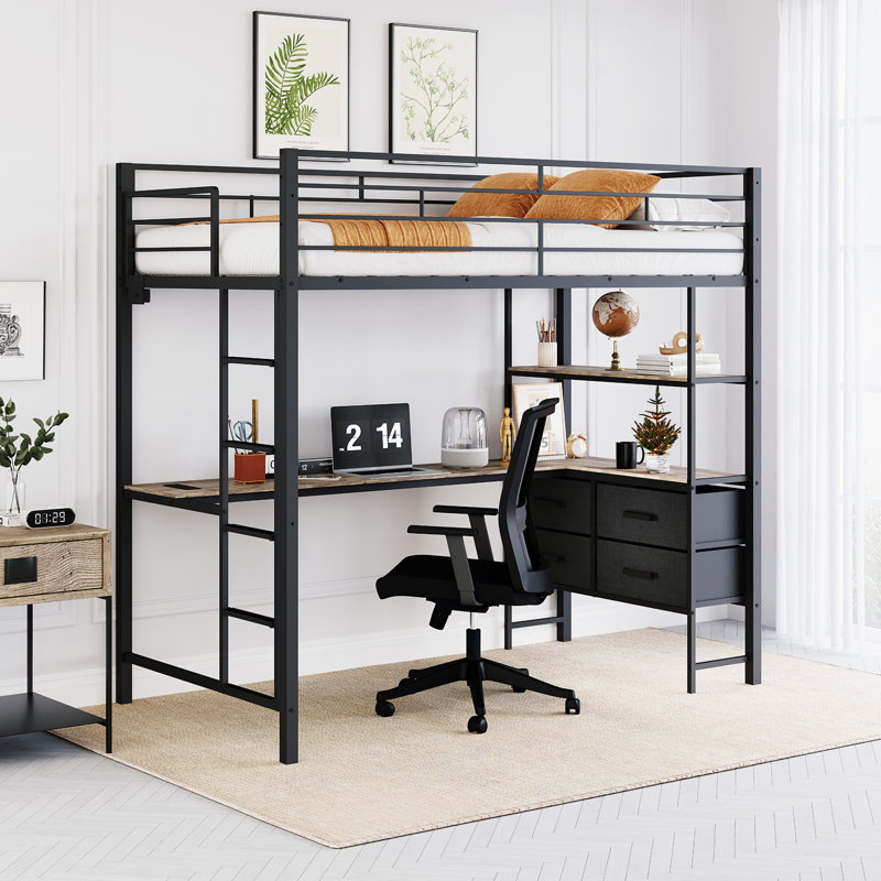 Metal Loft Bed Frame With 15" Safety Guardrail, Non-Slip Ladder, 2 Charging Stations, L-Shaped Desk, Storage Shelve, 4 Drawers, LED Lights