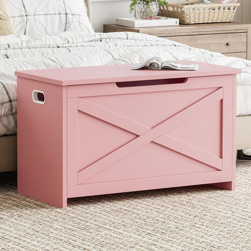 30" Wooden Storage Bench with Safety Hinge, Large Toy Chest for Entryway, Living Room & Bedroom, Pink