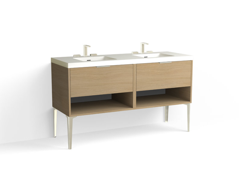 Modo 60" W Freestanding Double Bathroom Vanity with Dean Leg, Matte White/8" Widespread, Biondo, Polished Nickel