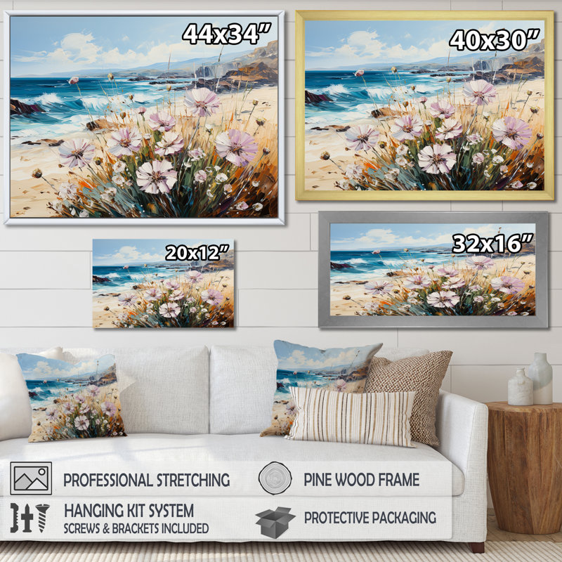 Bleuet sur la plage - Art mural de salon, Cadre simple blanc, H 34 po x l 44 po x P 1,5 po