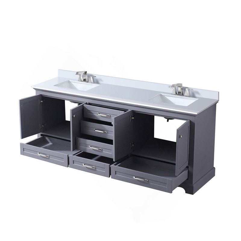 Meuble-lavabo double gris foncé 80 po X P 22 po D, dessus en quartz blanc et ensemble de robinet, Gris foncé