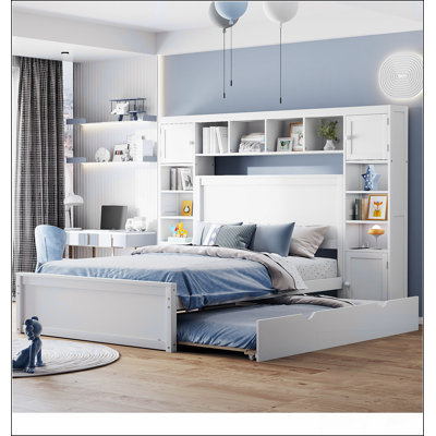 Full Size Wooden Bed With All-In-One Cabinet, Shelf And Sockets, White