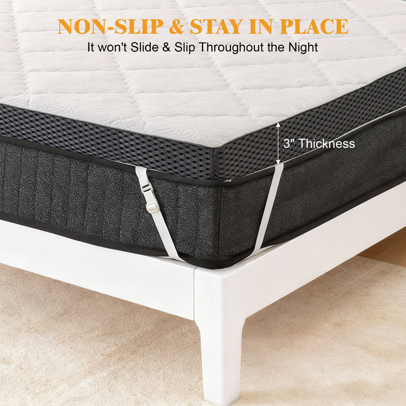 3-Inch Mattress Topper With Quilted White Top, Breathable Grey Mesh Sides, Medium Firmness, Removable & Washable Cover, Queen