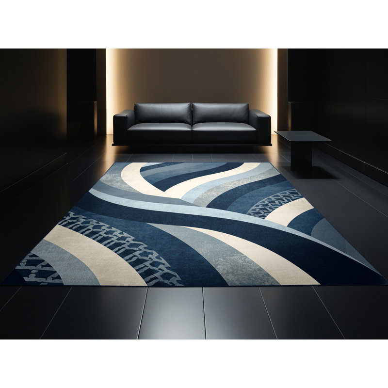 Tapis arty déco moelleux et moelleux rose Tawhiri - bleu marine, 8 x 10