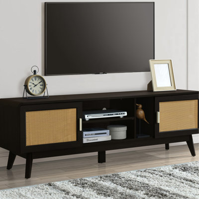 Meuble télé 63 po brun foncé, 2 armoires de rangement, pieds en bois massif, console média pour téléviseur de 65 po, meuble d'appoint élégant, meuble de chambre pratique et fonctionnel