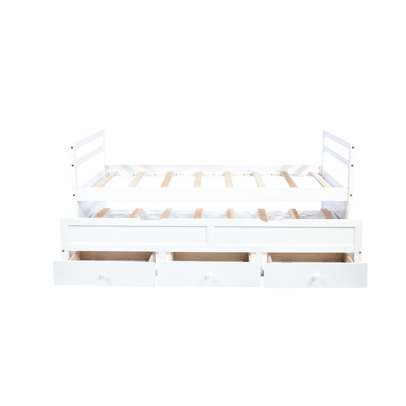 Lit simple blanc avec tête de lit, lit gigogne et rangement pratique, Blanc